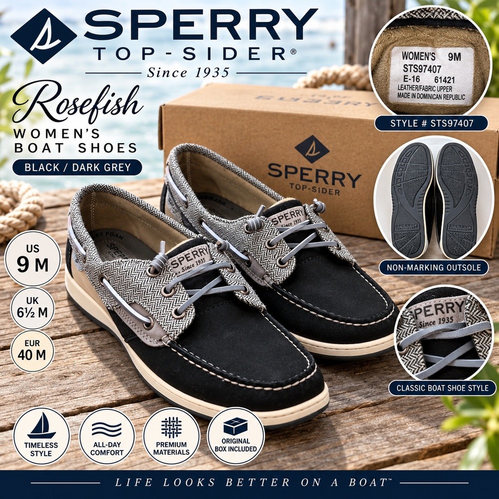 Sperry Top-Sider Rosefish Womens Boat Shoes Black Dark Grey STS97407 Size 9M